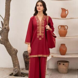 2 PCs women’s stitched linen printed shirt and trouser