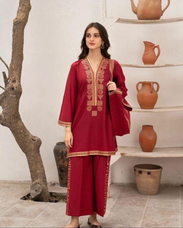 2 PCs women’s stitched linen printed shirt and trouser