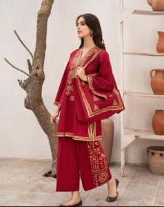2 PCs women's stitched linen printed shirt and trouser 