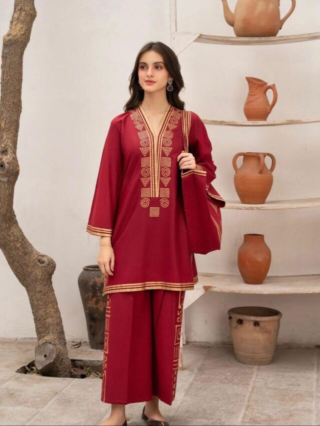 2 PCs women’s stitched linen printed shirt and trouser